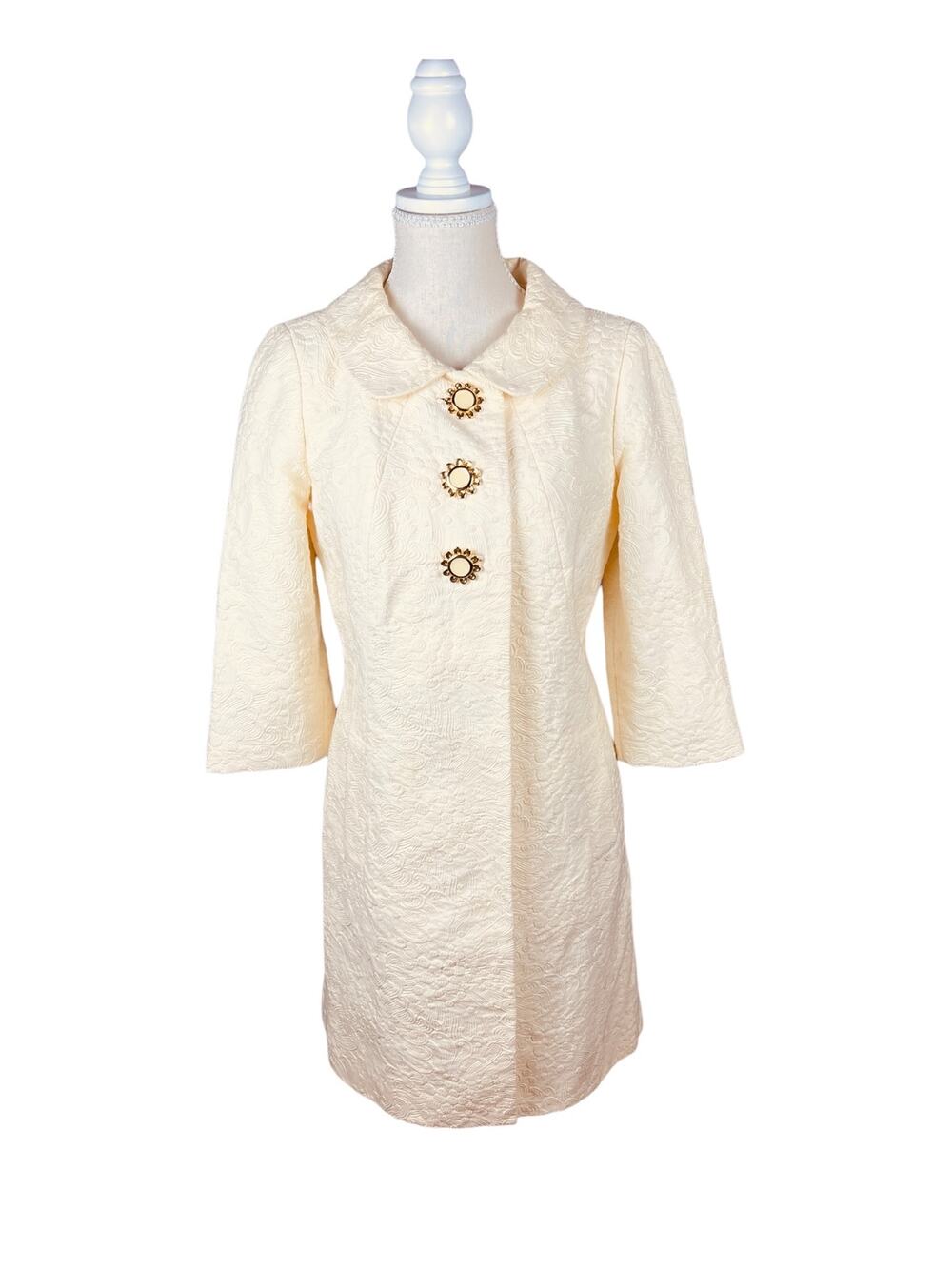 Milly Of New York Cream Matelassé Opera Trench Coat Gold Buttons Size 4